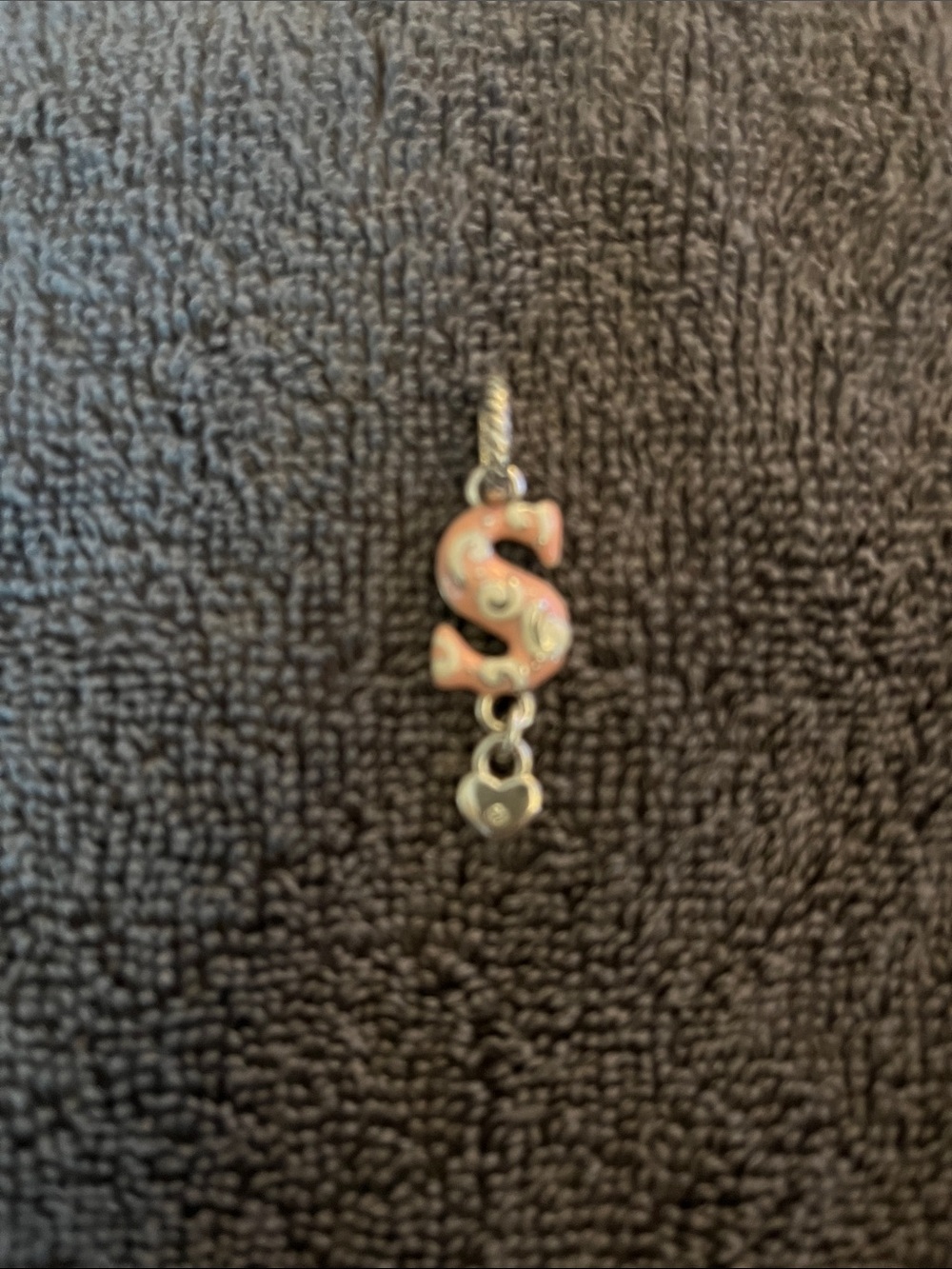 Brighton Letter S Enamel Charm Pendant in Pink with Heart Dangle